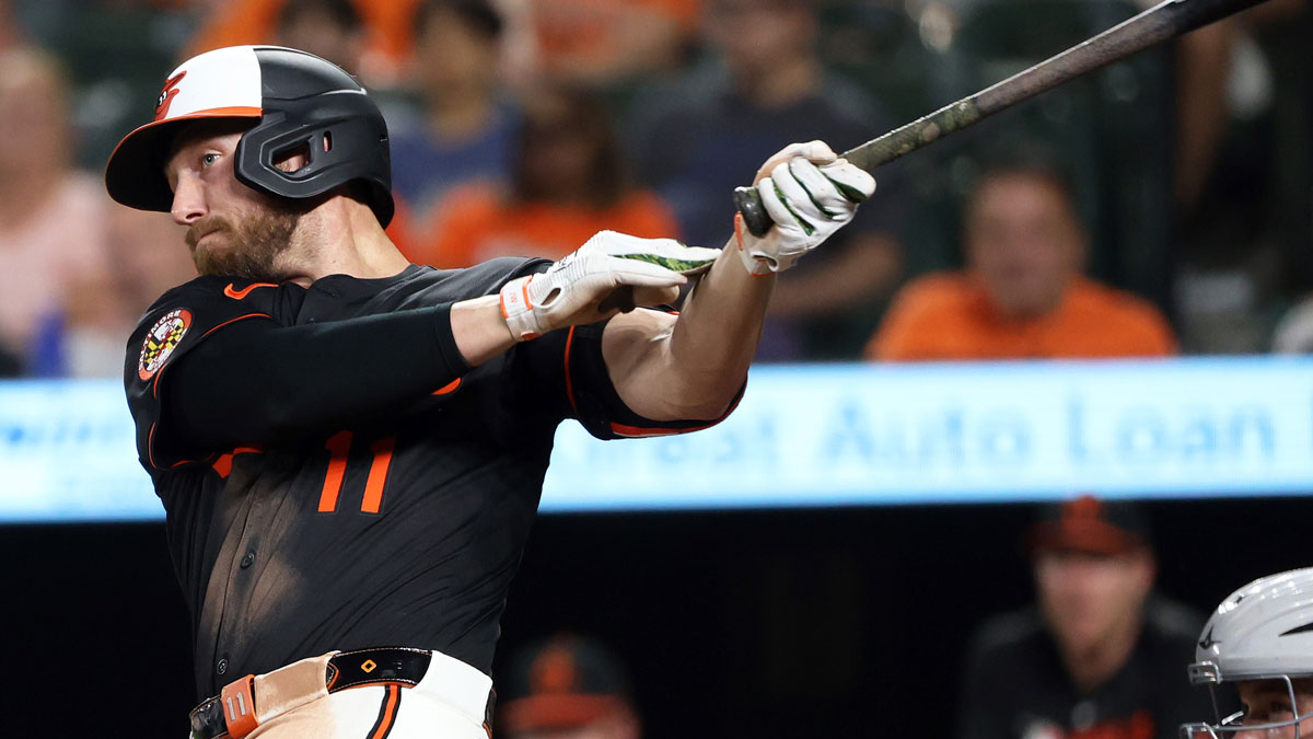 Jun 11, 2025; Baltimore, Maryland, USA; Baltimore Orioles third baseman Jordan Westburg (11) hits a two-run home run during the eighth inning against the Detroit Tigers at Oriole Park at Camden Yards.