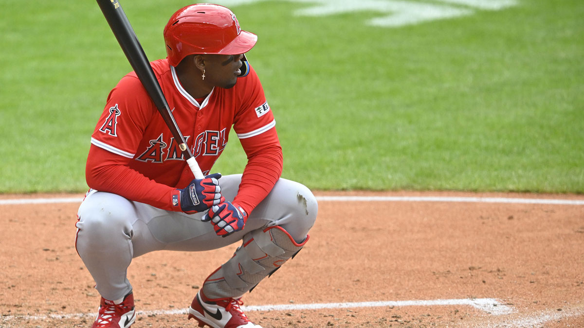 May 31, 2025; Cleveland, Ohio, USA; Los Angeles Angels right fielder Jorge Soler (12) reacts after striking out in the fifth inning against the Cleveland Guardians at Progressive Field. Mandatory Credit: David Richard-Imagn Images