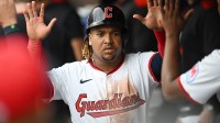 Jun 9, 2025; Cleveland, Ohio, USA; Cleveland Guardians third baseman Jose Ramirez (11) celebrates after scoring during the third inning against the Cincinnati Reds at Progressive Field. Mandatory Credit: Ken Blaze-Imagn Images