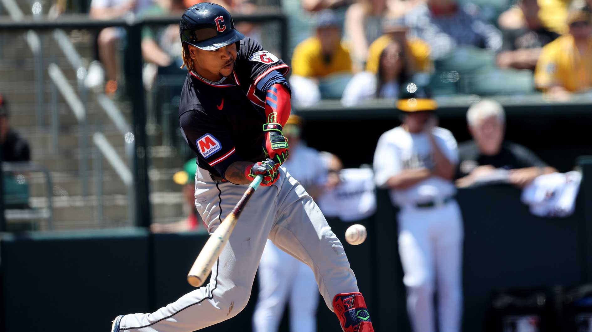 Jun 22, 2025; West Sacramento, California, USA; Cleveland Guardians third baseman Jose Ramirez (11) hits a single against the Athletics during the fifth inning at Sutter Health Park.