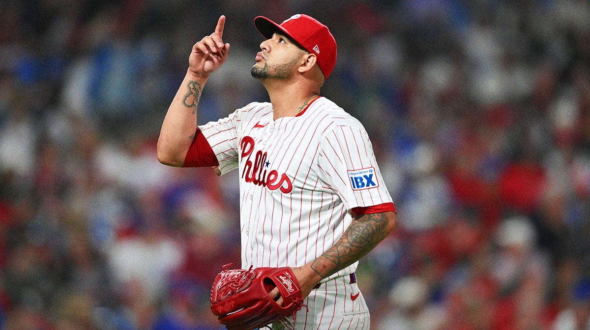 Philadelphia Phillies relief pitcher Jose Ruiz (66) reacts against the Chicago Cubs in the fifth inning.