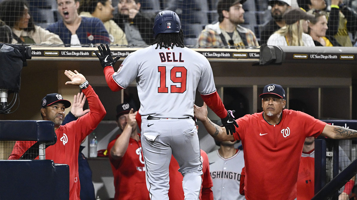 Washington Nationals designated hitter Josh Bell (19) is congratulated after hitting a solo home run during the eighth inning against the San Diego Padres at Petco Park.