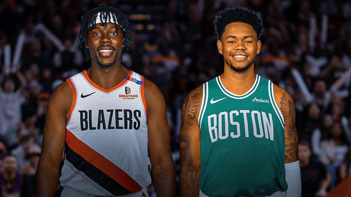 Jrue Holiday in Blazers uniform, Anfernee Simons in Celtics uniform