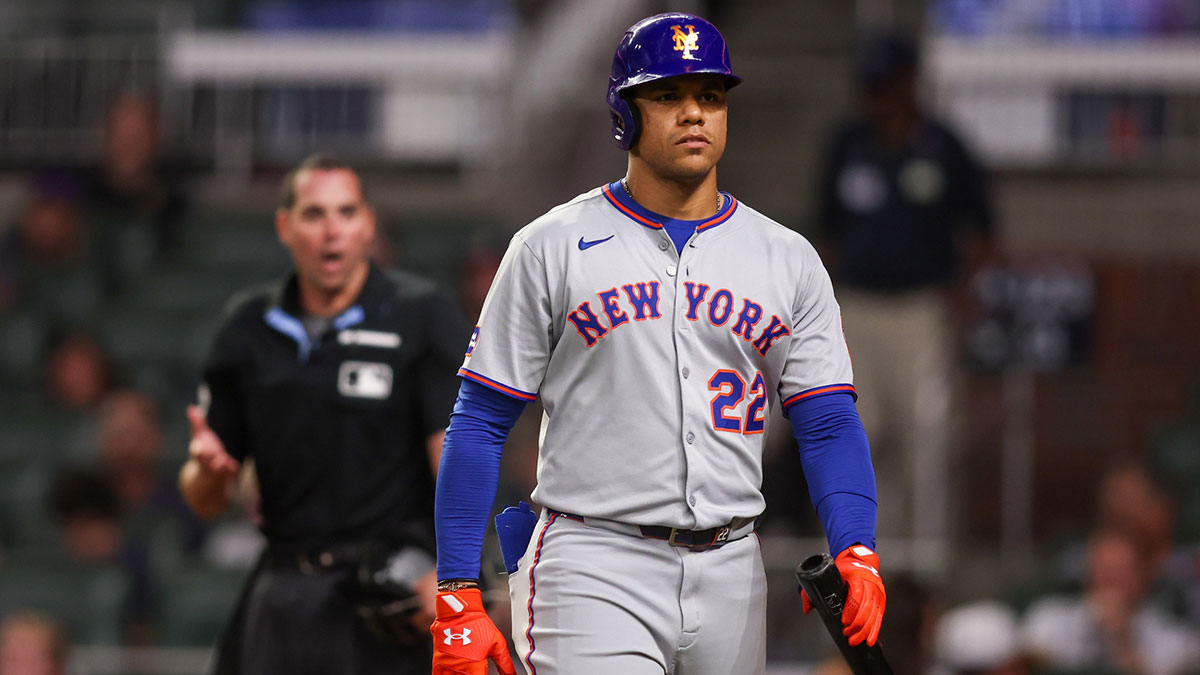 New York Mets right fielder Juan Soto (22) reacts after a strikeout against the Atlanta Braves in the eighth inning at Truist Park.