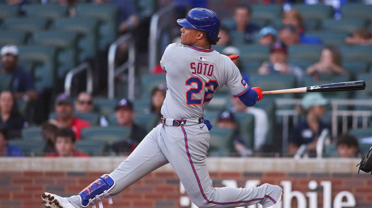Jun 19, 2025; Atlanta, Georgia, USA; New York Mets right fielder Juan Soto (22) hits a single for his 1000th career hit against the Atlanta Braves in the first inning at Truist Park.