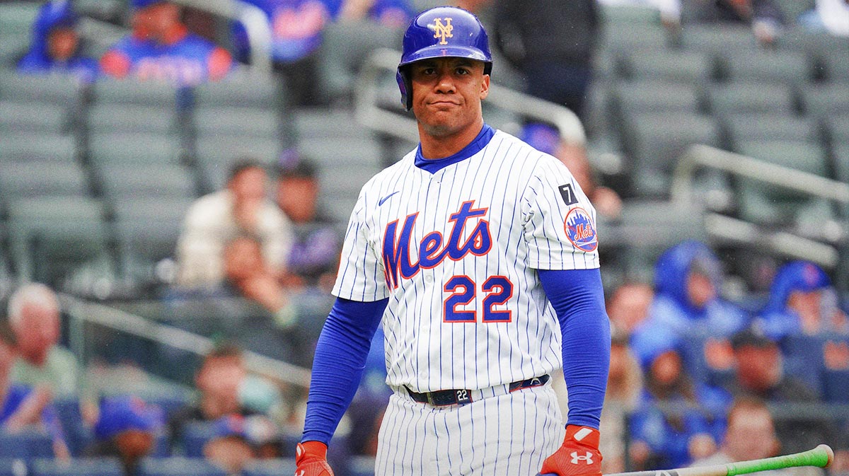 May 28, 2025; New York, New York, USA; New York Mets right fielder Juan Soto (22) reacts after striking out during the game against the Chicago White Sox at Citi Field. Mandatory Credit: Lucas Boland-Imagn Images