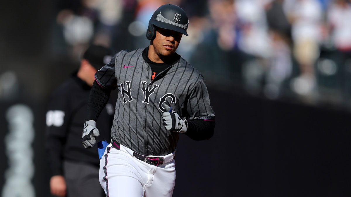 New York Mets right fielder Juan Soto (22) rounds the bases after hitting a solo home run against the Colorado Rockies during the fourth inning at Citi Field.