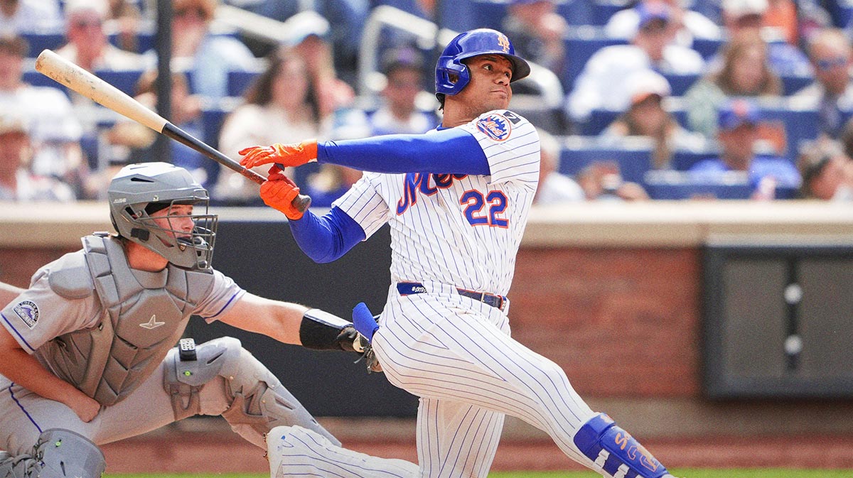 May 28, 2025; New York, New York, USA; New York Mets right fielder Juan Soto (22) reacts after striking out during the game against the Chicago White Sox at Citi Field. 