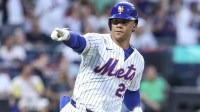 Jun 25, 2025; New York City, New York, USA; New York Mets right fielder Juan Soto (22) gestures to the dugout after hitting a solo home run in the fourth inning against the Atlanta Braves at Citi Field. Mandatory Credit: Wendell Cruz-Imagn Images