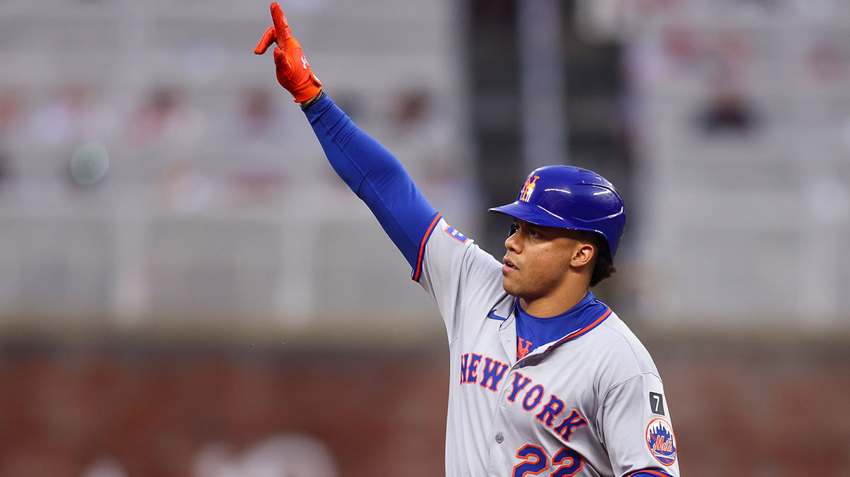 Jun 17, 2025; Atlanta, Georgia, USA; New York Mets right fielder Juan Soto (22) celebrates after a home run against the Atlanta Braves in the first inning at Truist Park. Mandatory Credit: Brett Davis-Imagn Images