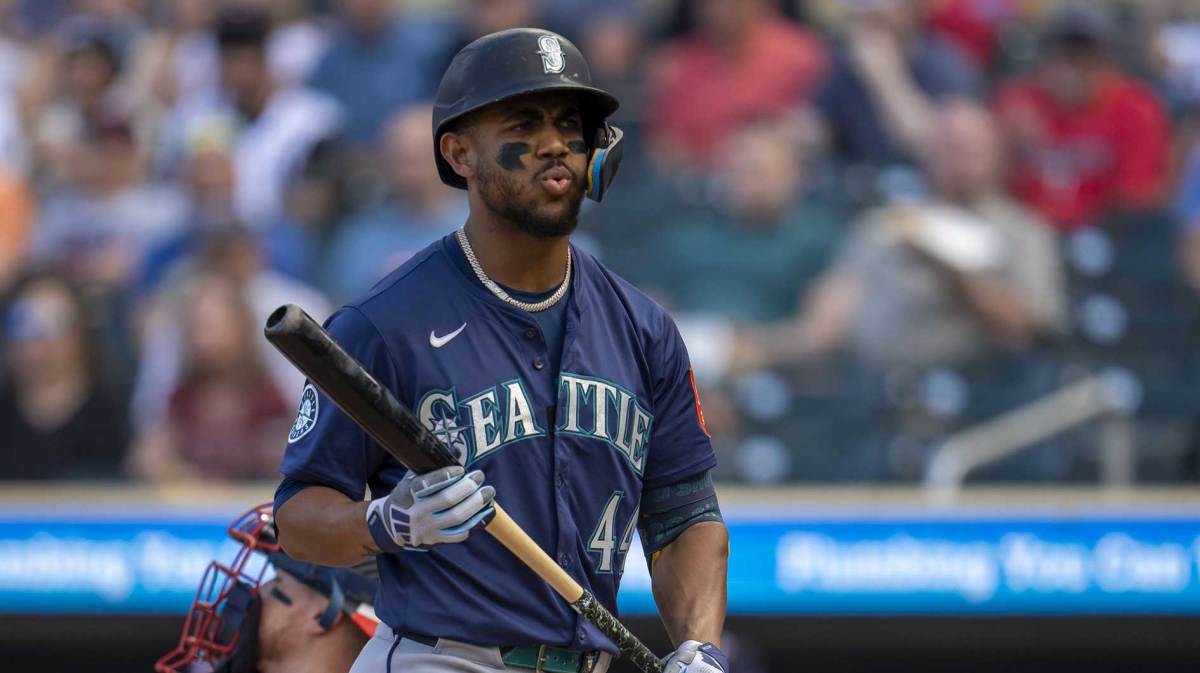 Seattle Mariners center fielder Julio Rodriguez (44) reacts after a called third strike against the Minnesota Twins in the first inning at Target Field.