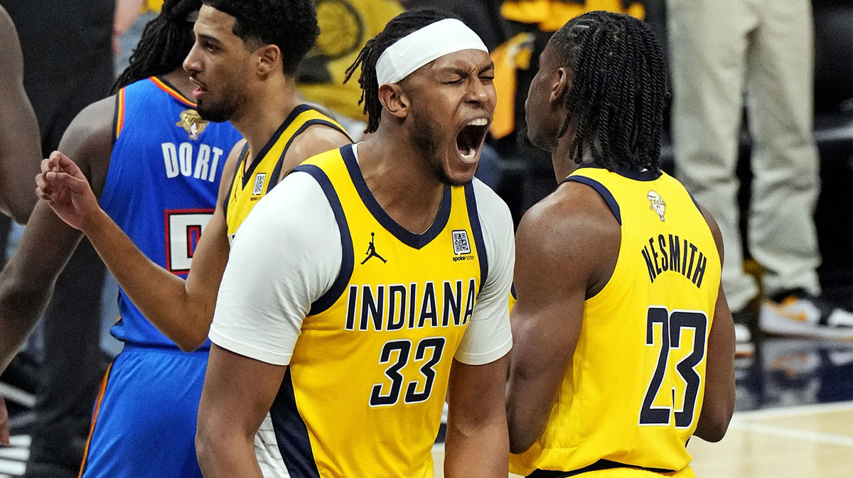 Jun 11, 2025; Indianapolis, Indiana, USA; Indiana Pacers center Myles Turner (33) celebrates after a play against the Oklahoma City Thunder in game three of the 2025 NBA Finals at Gainbridge Fieldhouse. Mandatory Credit: Kyle Terada-Imagn Images