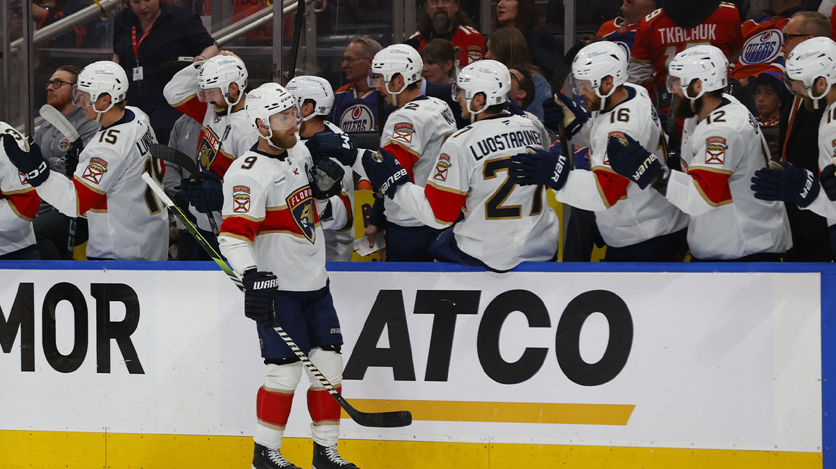 Florida Panthers forward Sam Bennett (9) celebrates scoring during the first period against the Edmonton Oilers in game five of the 2025 Stanley Cup Final at Rogers Place.