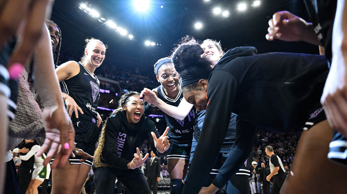 The Golden State Valkyries celebrate their win over the Seattle Storm at Chase Center.
