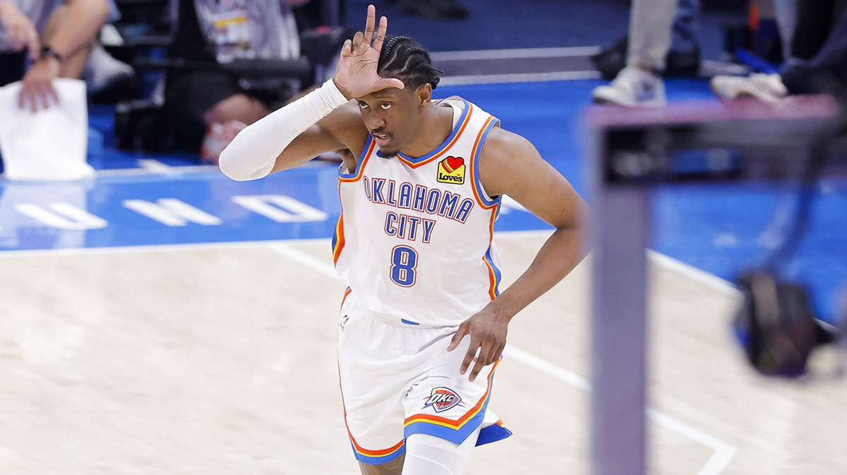 Oklahoma City Thunder forward Jalen Williams (8) celebrates during the fourth quarter against the Indiana Pacers in game five of the 2025 NBA Finals at Paycom Center.