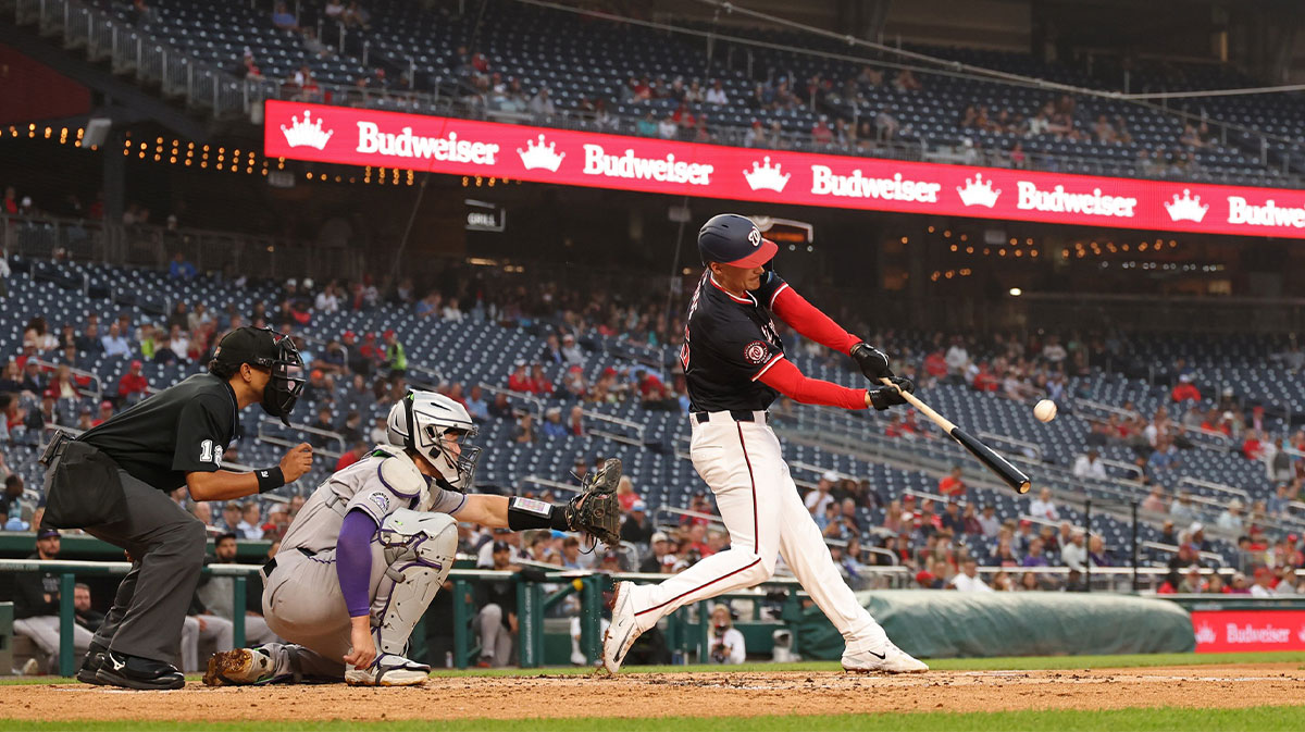 Washington Nationals third baseman Brady House (55) swings during his first major league at-bat, against the Colorado Rockies, in his major league debut at Nationals Park.