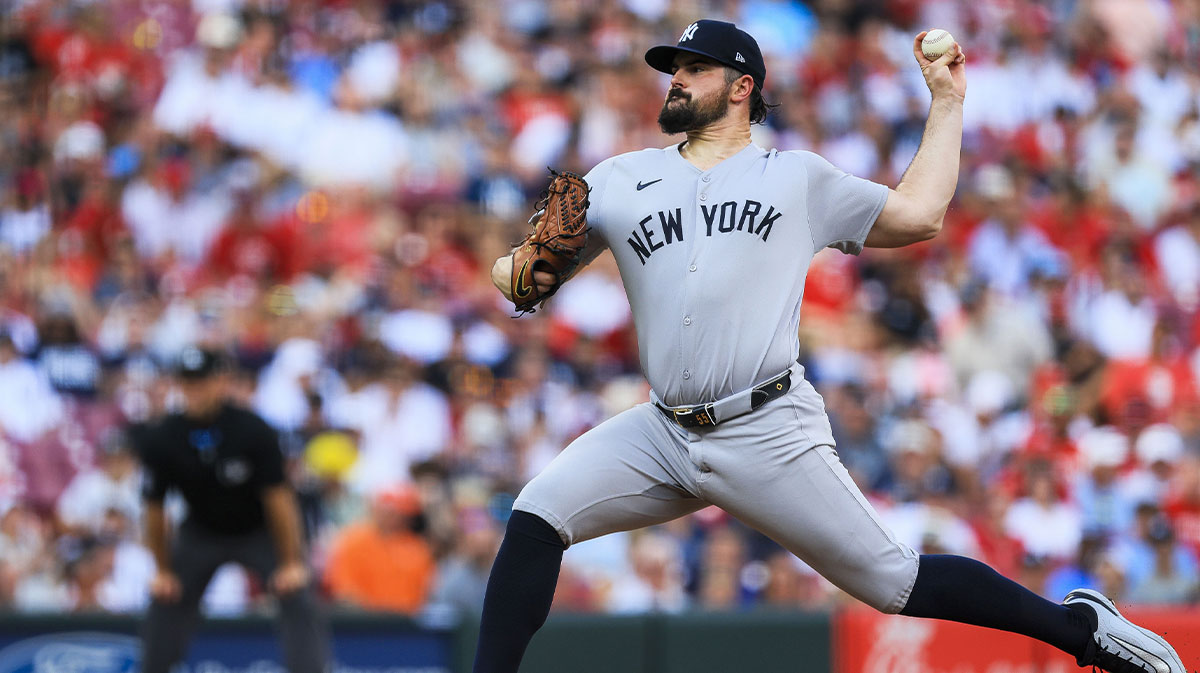 New York Yankees starting pitcher Carlos Rodon (55) pitches against the Cincinnati Reds in the first inning at Great American Ball Park.