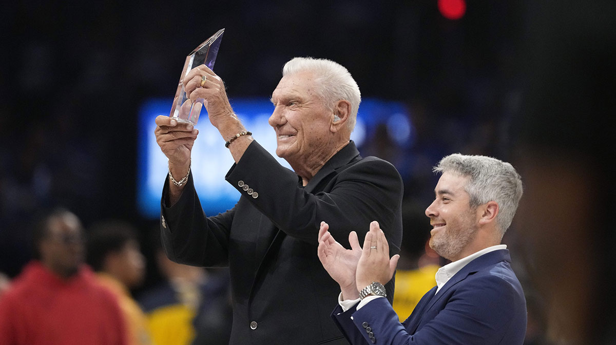 Jun 8, 2025; Oklahoma City, Oklahoma, USA; Don Nelson poses for a photo after receiving the 2025 Chuck Daly Lifetime Achievement Award during the first half during game two of the 2025 NBA Finals at Paycom Center. Mandatory Credit: Kyle Terada-Imagn Images