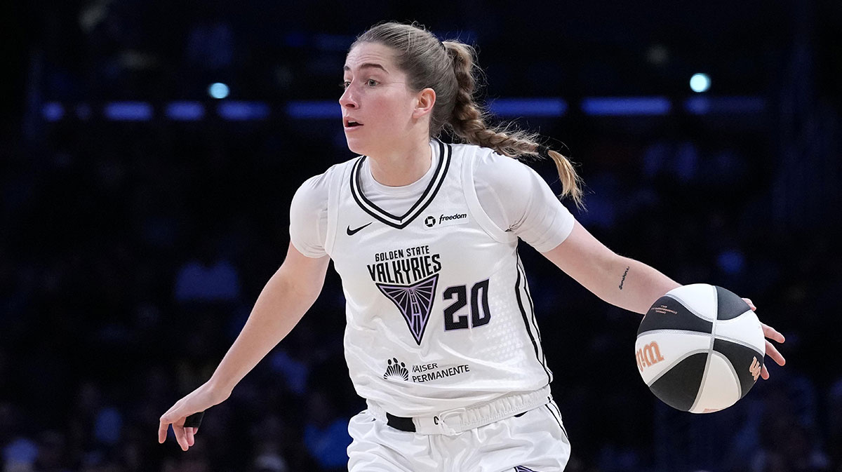 Jun 9, 2025; Los Angeles, California, USA; Golden State Valkyries guard Kate Martin (20) dribbles the ball against the LA Sparks in the second half at Crypto.com Arena. Mandatory Credit: Kirby Lee-Imagn Images