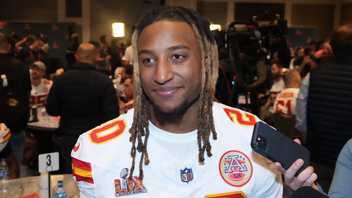 Kansas City Chiefs safety Justin Reid (20) in a press conference ahead of Super Bowl LIX at New Orleans Marriott.