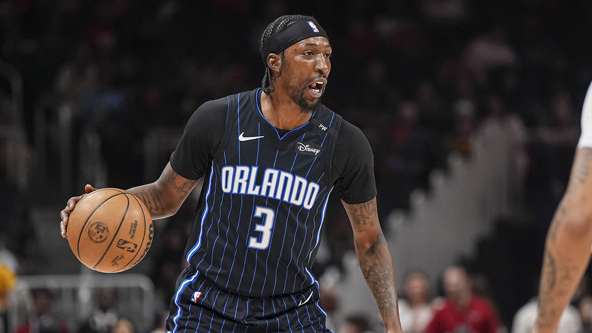 Orlando Magic guard Kentavious Caldwell-Pope (3) controls the ball against the Atlanta Hawks during the first half at State Farm Arena.