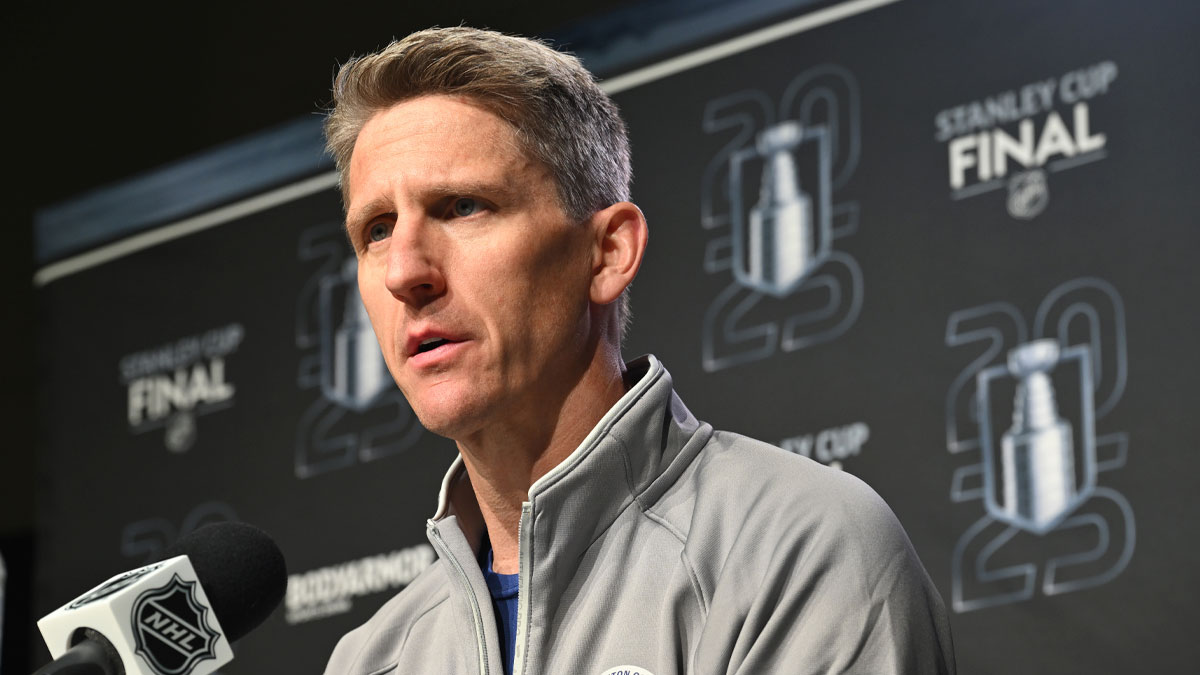 Edmonton Oilers head coach Kris Knoblauch is seen during media day in advance of the 2025 Stanley Cup Final at Rogers Place.