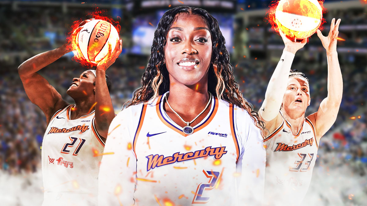 Kahleah Copper looking happy, and teammates Sami Whitcomb and Kalani Brown shooting balls of fire, and a background of the Sky's home arena.