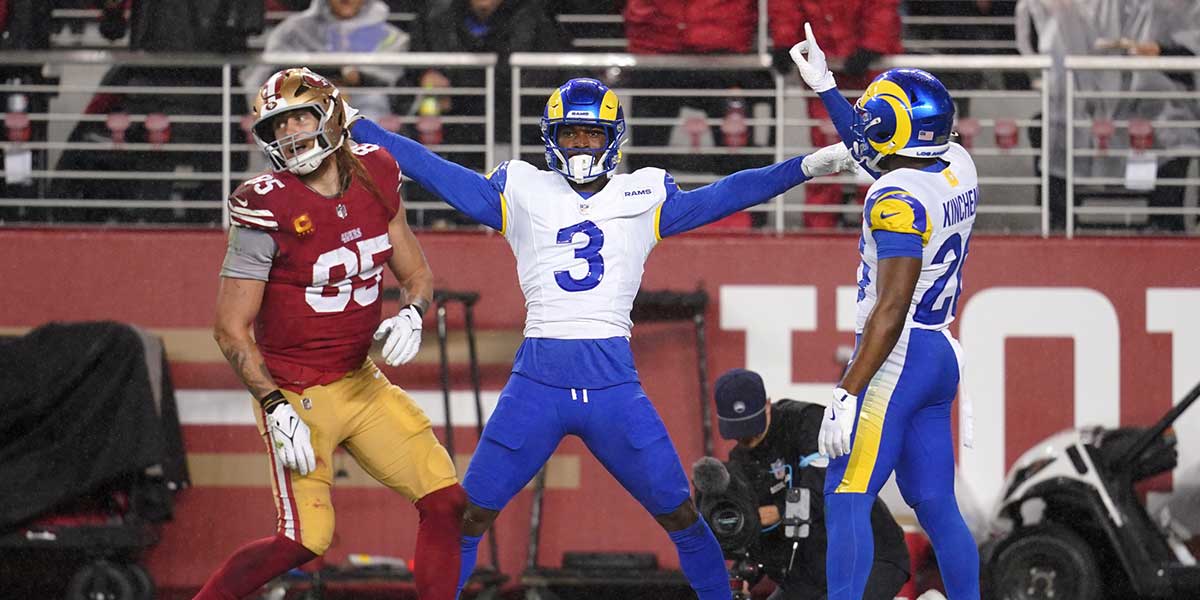 Los Angeles Rams safety Kamren Curl (3) reacts after breaking up a pass intended for San Francisco 49ers tight end George Kittle (85) in the second quarter at Levi's Stadium.