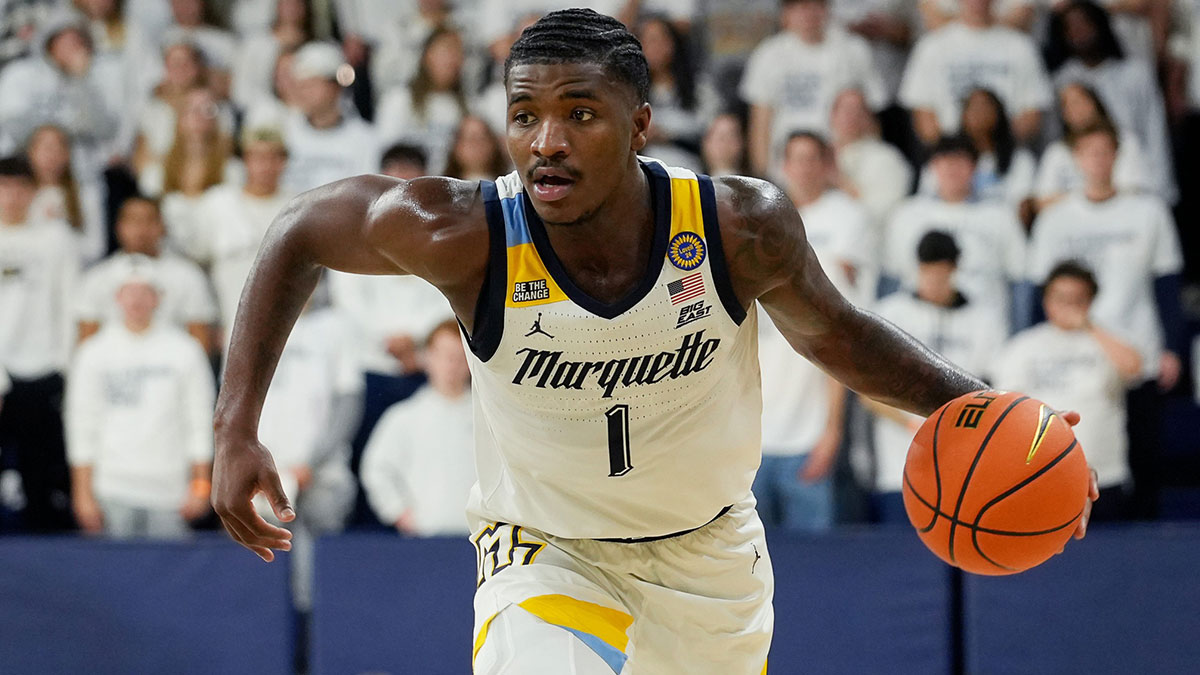 Marquette Golden Eagles guard Kam Jones (1) drives up the court during the first half of the game against George Mason on Friday, Nov. 8, 2024, at the Al McGuire Center in Milwaukee, Wisconsin.