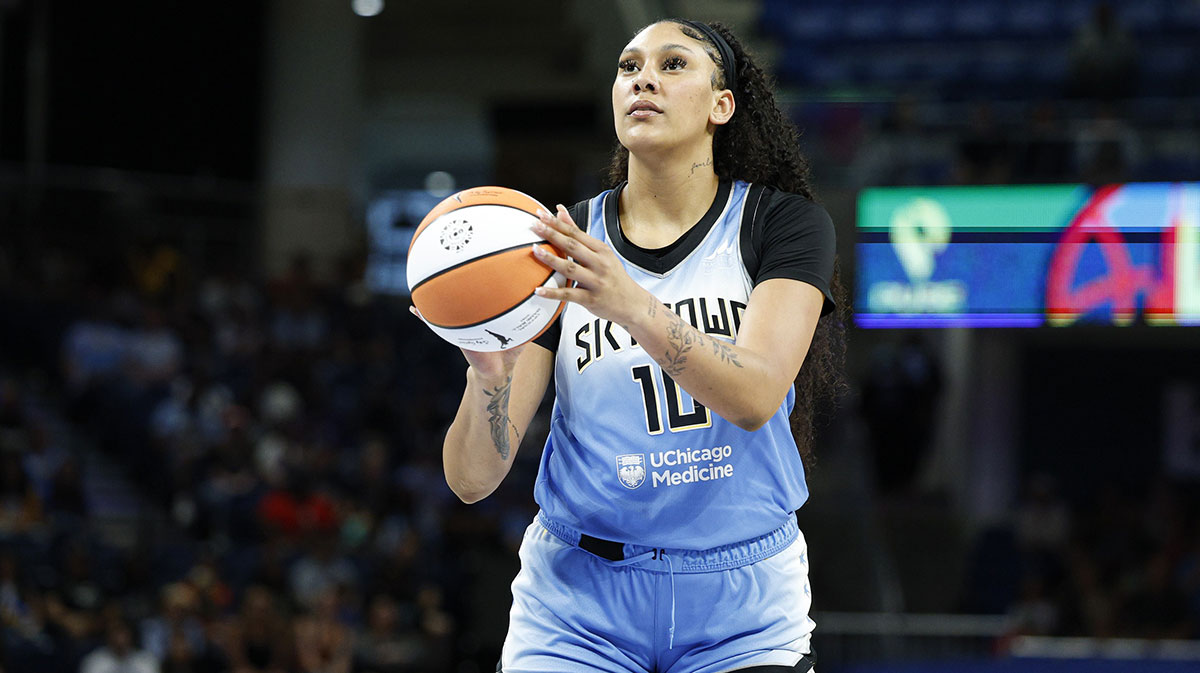 Chicago Sky center Kamilla Cardoso (10) shoots a free throw against the Los Angeles Sparks during the first half at Wintrust Arena.
