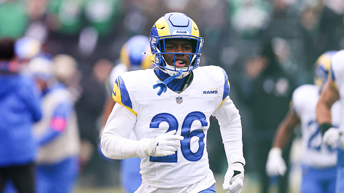 Los Angeles Rams safety Kamren Kinchens (26) before action against the Philadelphia Eagles in a 2025 NFC divisional round game at Lincoln Financial Field.