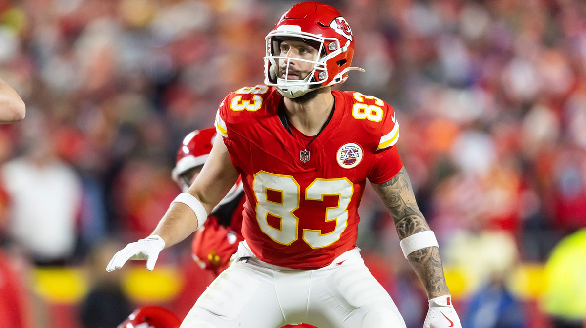 Kansas City Chiefs tight end Noah Gray (83) against the Buffalo Bills in the AFC Championship game at GEHA Field at Arrowhead Stadium.