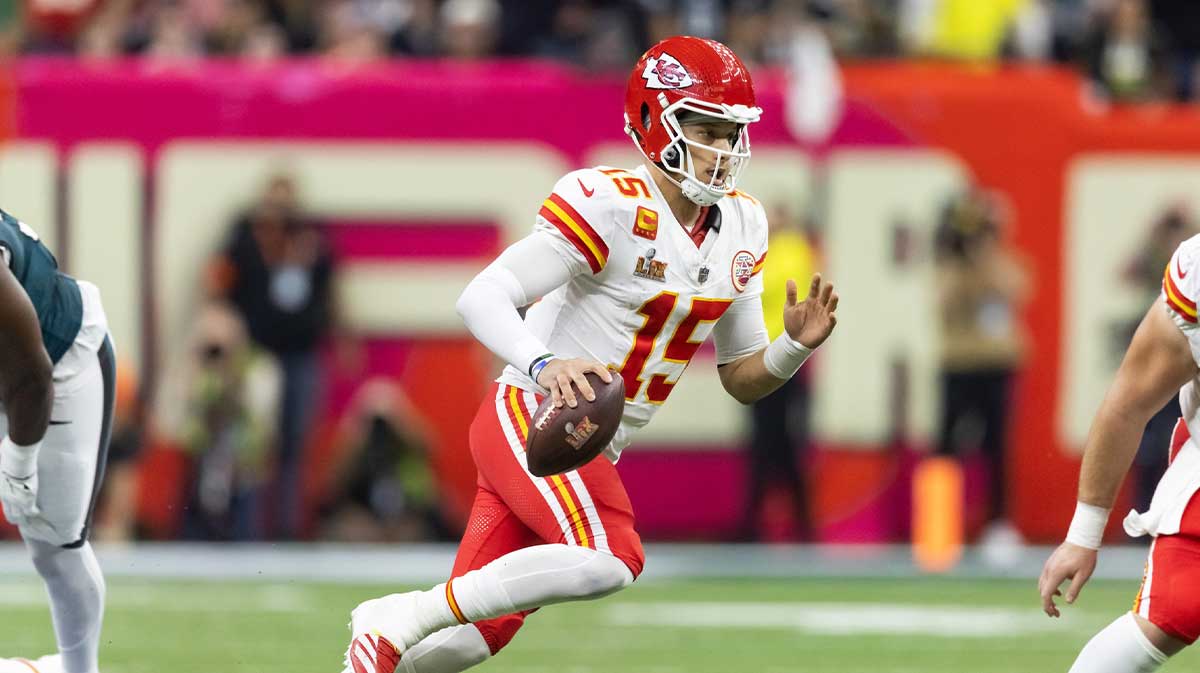 Kansas City Chiefs quarterback Patrick Mahomes (15) against the Philadelphia Eagles in Super Bowl LIX at Ceasars Superdome.