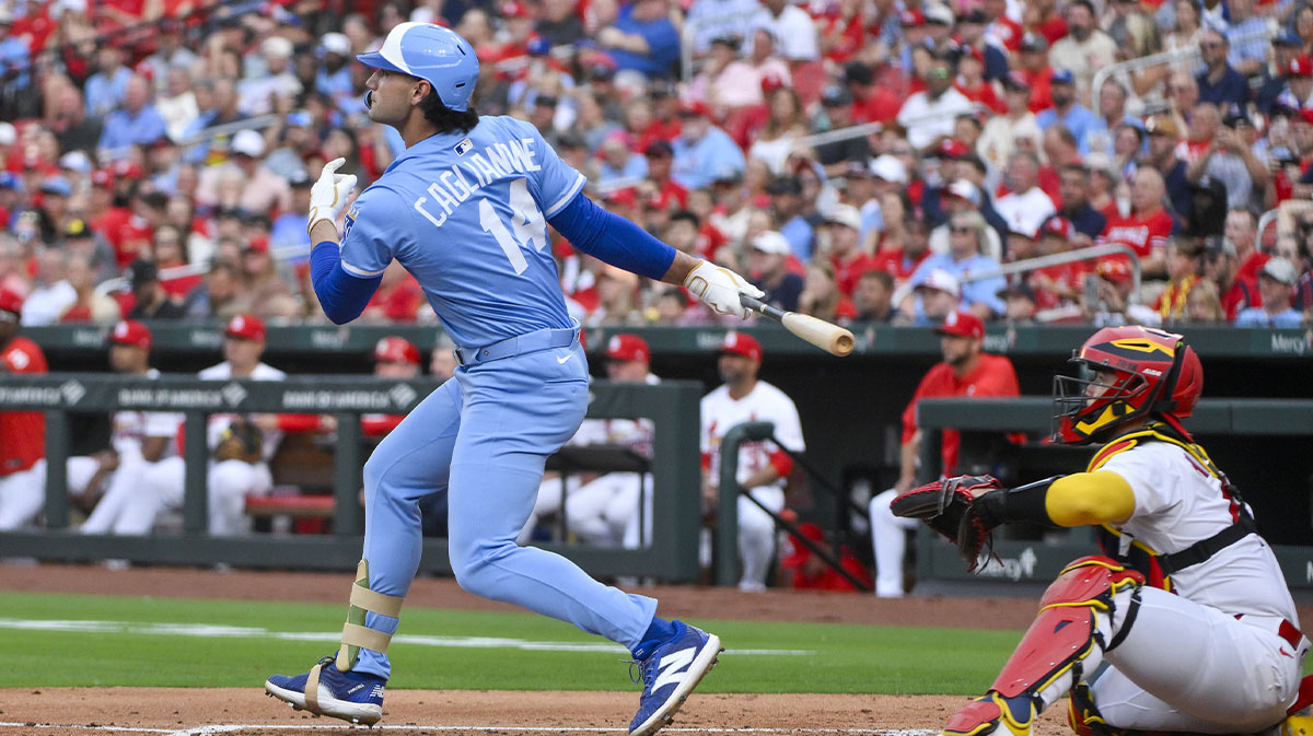 Kansas City Royals designated hitter Jac Caglianone (14) bats against the St. Louis Cardinals during the second inning of his Major League Baseball debut at Busch Stadium.