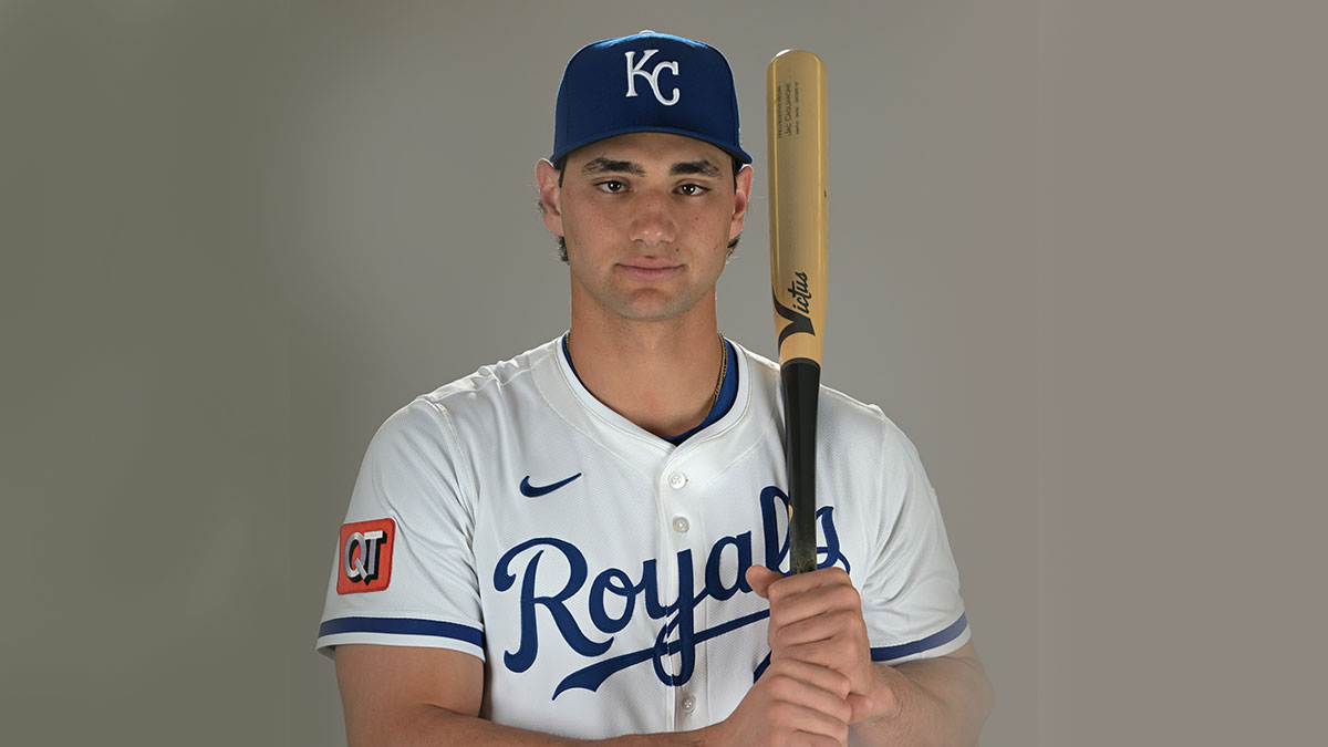 Kansas City Royals Jac Caglianone (14) poses for a photo during media day. Victor Scott II