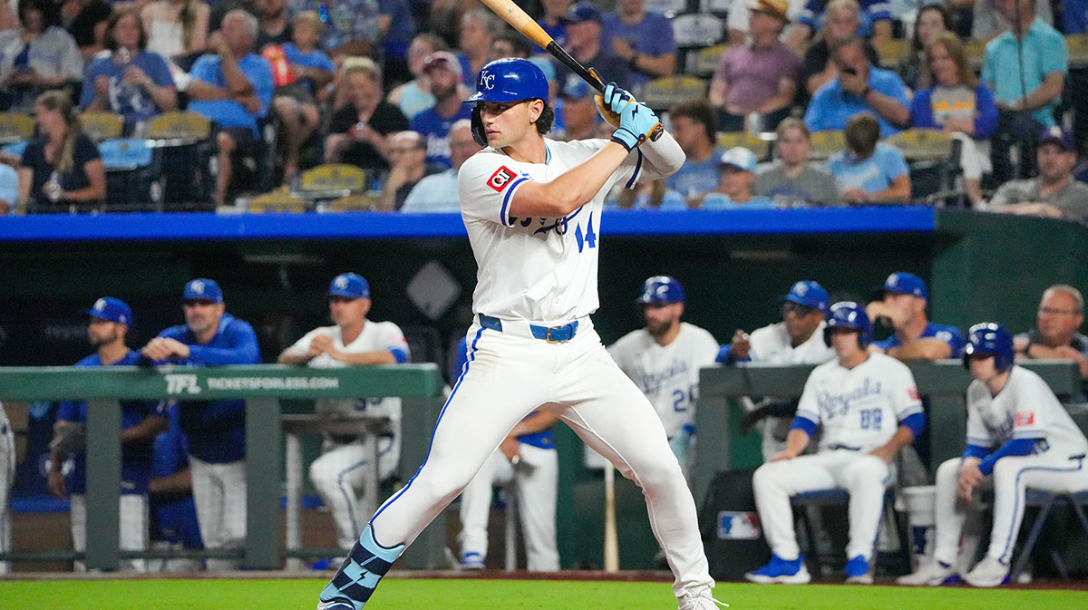 Kansas City Royals designatted hitter Jac Caglianone (14) at bat against the Athletics in the ninth inning at Kauffman Stadium. Pasquantino