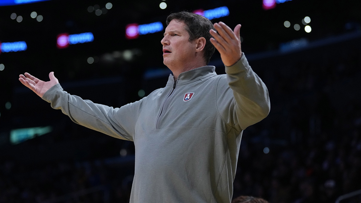 Atlanta Dream coach Karl Smesko reacts in the first half against the LA Sparks at Crypto.com Arena.