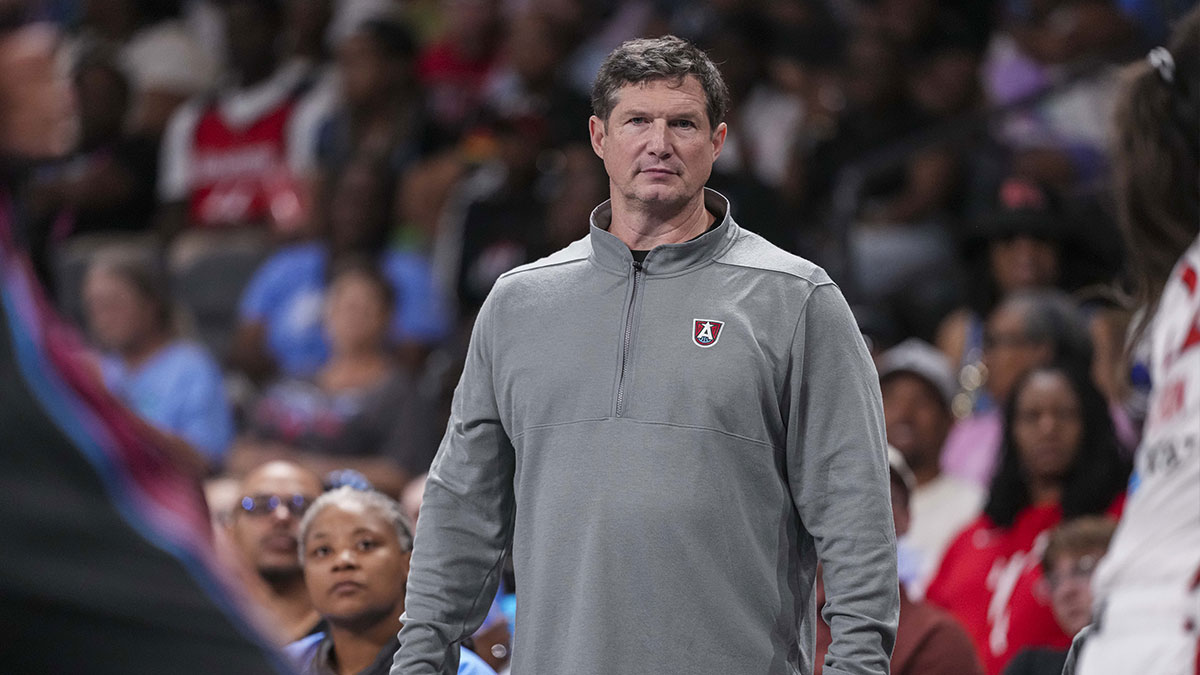 Atlanta Dream head coach Karl Smesko on the sideline during the game against the Washington Mystics during the second half at Gateway Center Arena at College Park.