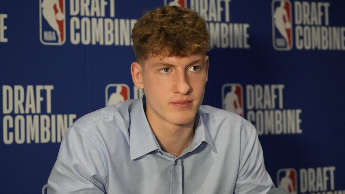 Kasparas Jakucionis talks to the media during the 2025 NBA Draft Combine at Marriott Marquis Chicago.
