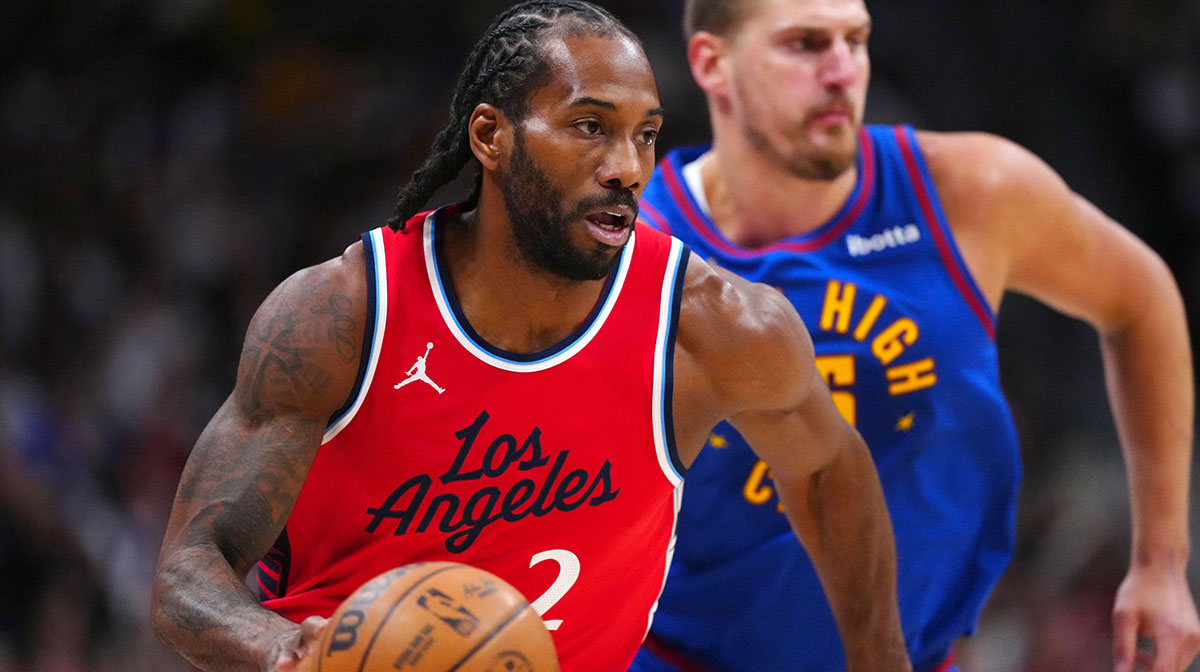 LA Clippers forward Kawhi Leonard (2) controls the ball in the first quarter against the Denver Nuggets during game seven of first round for the 2025 NBA Playoffs at Ball Arena.