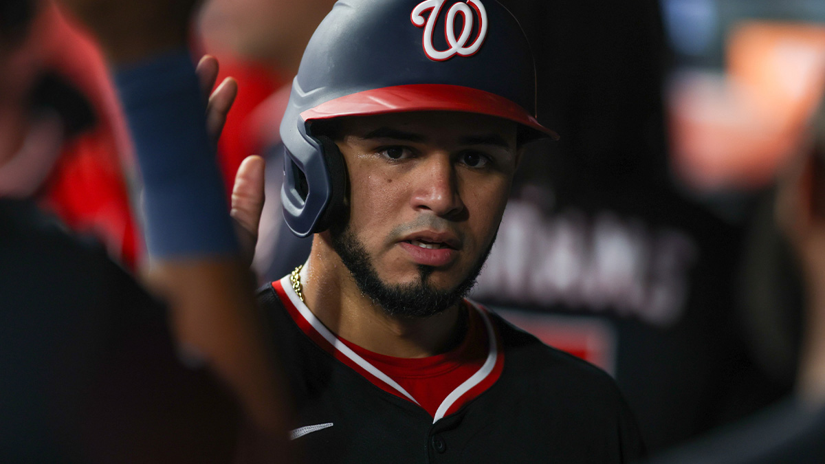 May 12, 2025; Atlanta, Georgia, USA; Washington Nationals catcher Keibert Ruiz (20) celebrates with teammates after scoring a run against the Atlanta Braves in the ninth inning at Truist Park.