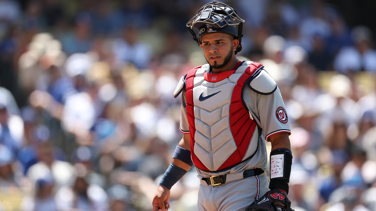 Jun 22, 2025; Los Angeles, California, USA; Washington Nationals catcher Keibert Ruiz (20) looks on during the sixth inning against the Los Angeles Dodgers at Dodger Stadium. Mandatory Credit: Kiyoshi Mio-Imagn Images