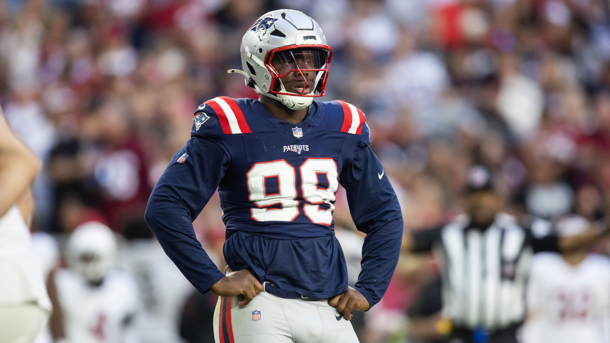 New England Patriots defensive end Keion White (99) against the Arizona Cardinals at State Farm Stadium.