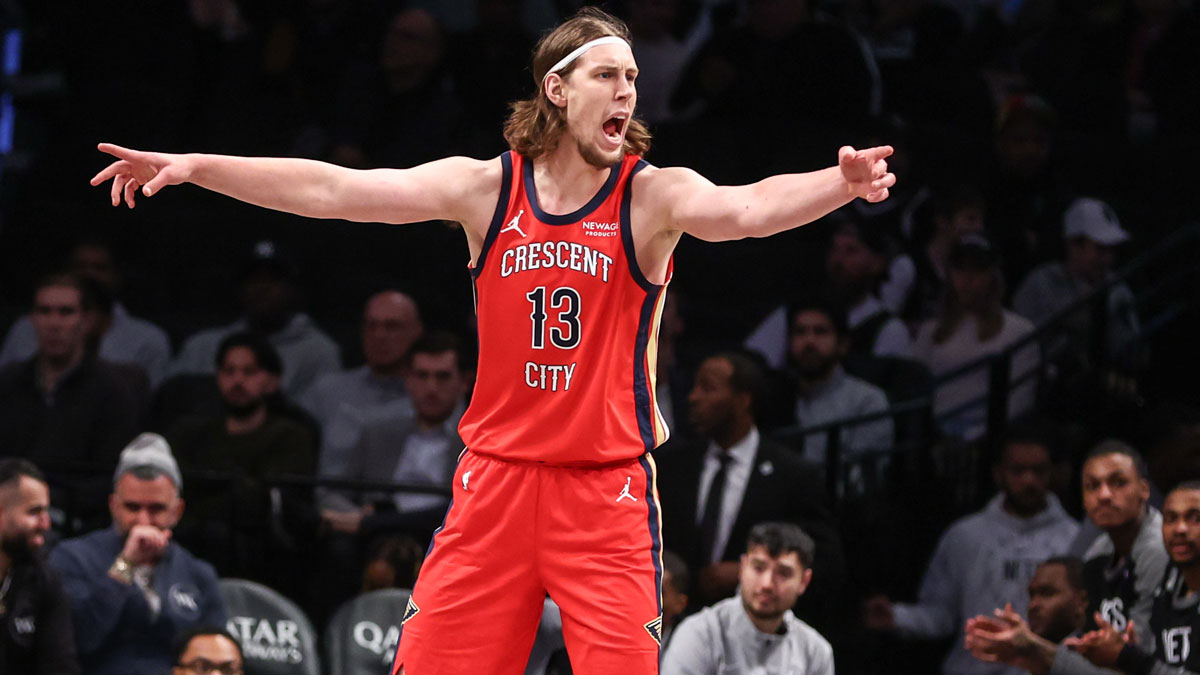 New Orleans Pelicans forward Kelly Olynyk (13) reacts to a call in the first quarter against the Brooklyn Nets at Barclays Center.