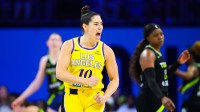 Jun 6, 2025; Arlington, Texas, USA; Los Angeles Sparks guard Kelsey Plum (10) reacts against the Dallas Wings during the second half at College Park Center. Mandatory Credit: Kevin Jairaj-Imagn Images