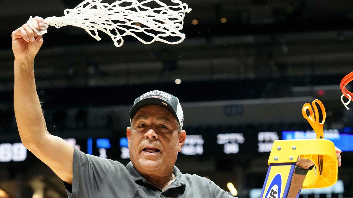 Houston Cougars head coach Kelvin Sampson celebrates after his team defeats the Tennessee Volunteers in a game Sunday, March 30, 2025, during the Elite Eight round of the NCAA March Madness tournament at Lucas Oil Stadium in Indianapolis. Houston defeated Tennessee 69-50.