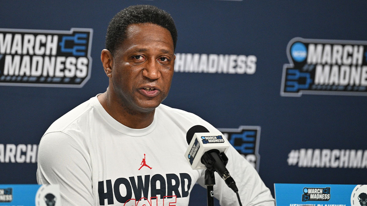 Mar 15, 2023; Des Moines, IA, USA; Howard Bison head coach Kenny Blakeney speaks during the press conference