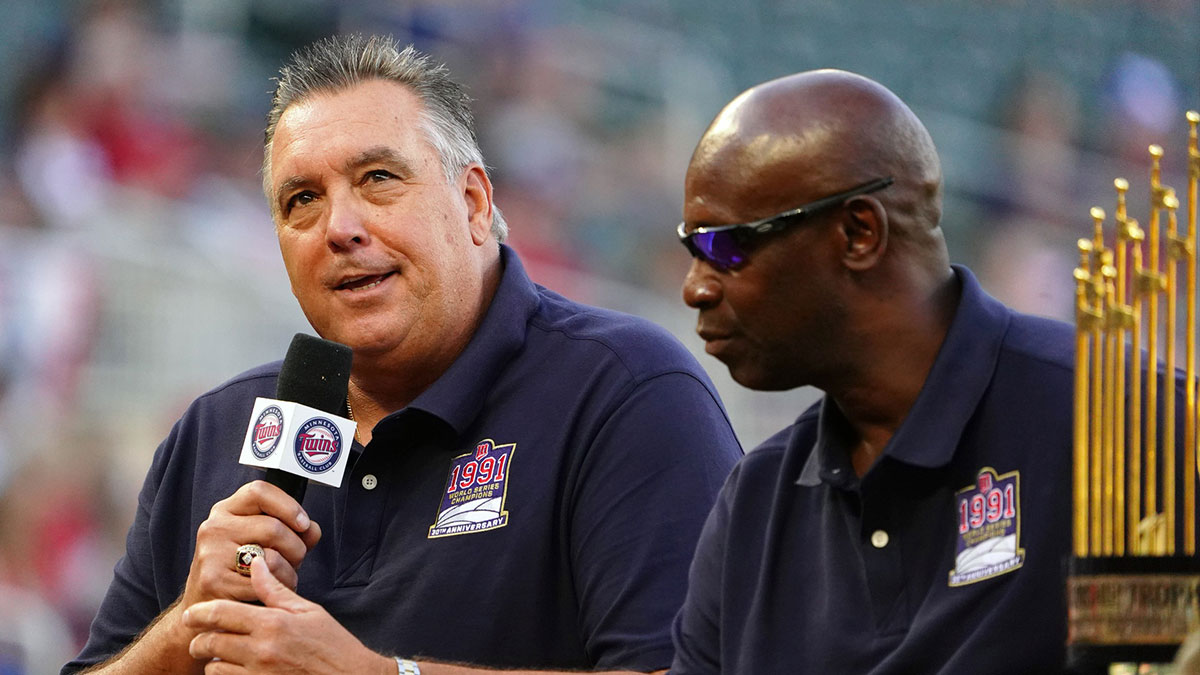 Minnesota Twins great Kent Hrbek speaks during a ceremony commemorating the 1991 World Series Champion Twins team before a game with the Tampa Bay Rays at Target Field.