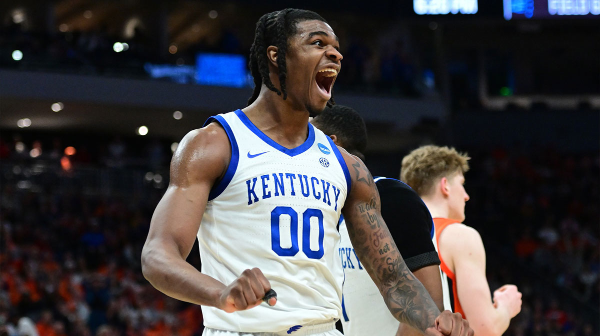 Kentucky Wildcats basketball guard Otega Oweh (00) reacts during the second half in the second round of the NCAA Tournament against the Illinois Fighting Illini at Fiserv Forum.