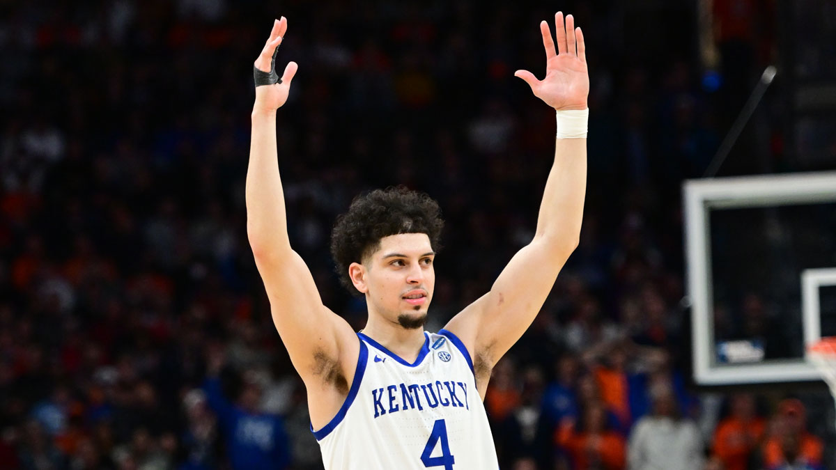 Kentucky Wildcats guard Koby Brea (4) reacts after defeating the Illinois Fighting Illini in the second round of the NCAA Tournament at Fiserv Forum.